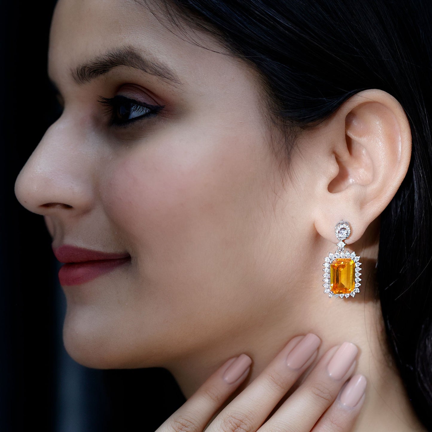 AAAA Quality 18 Carat Lab Grown Yellow Sapphire Emerald Cut Earrings in Silver