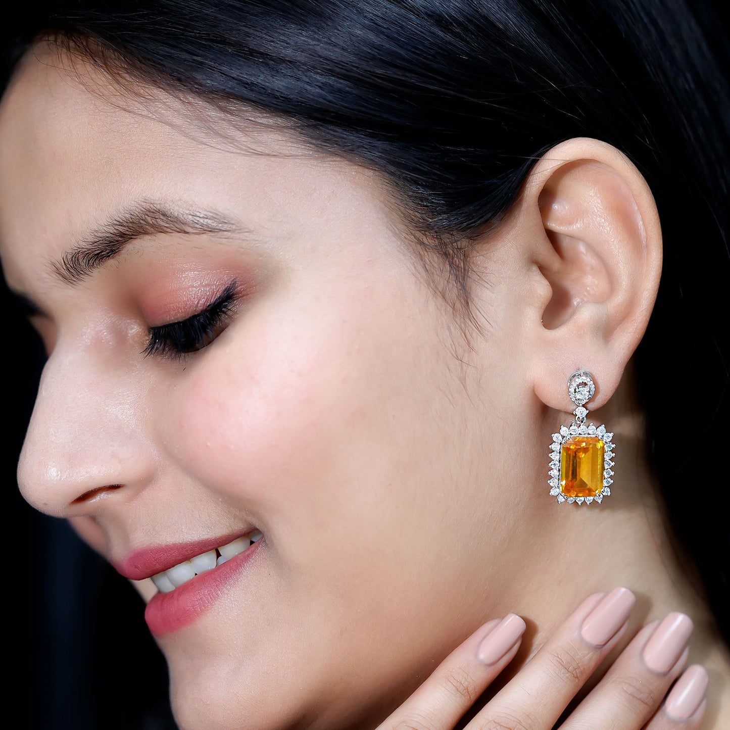 AAAA Quality 18 Carat Lab Grown Yellow Sapphire Emerald Cut Earrings in Silver