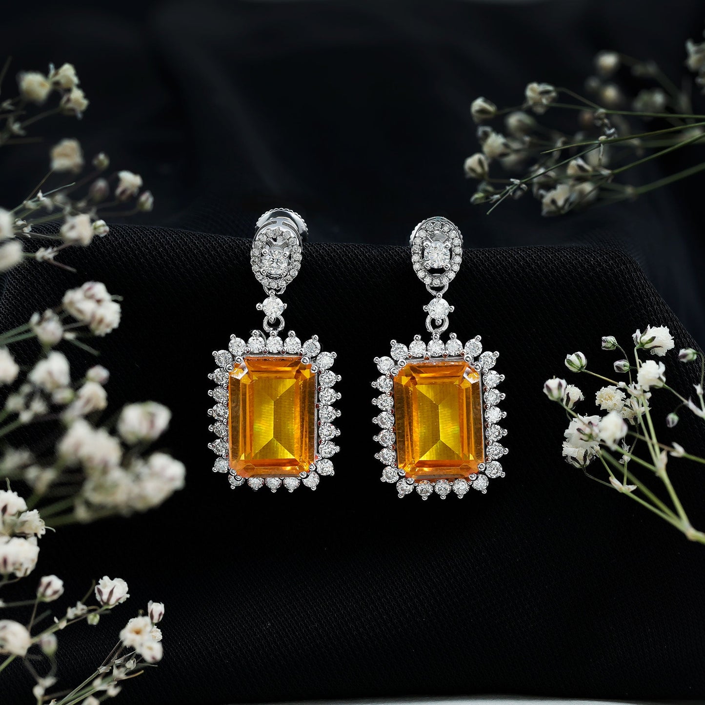 AAAA Quality 18 Carat Lab Grown Yellow Sapphire Emerald Cut Earrings in Silver