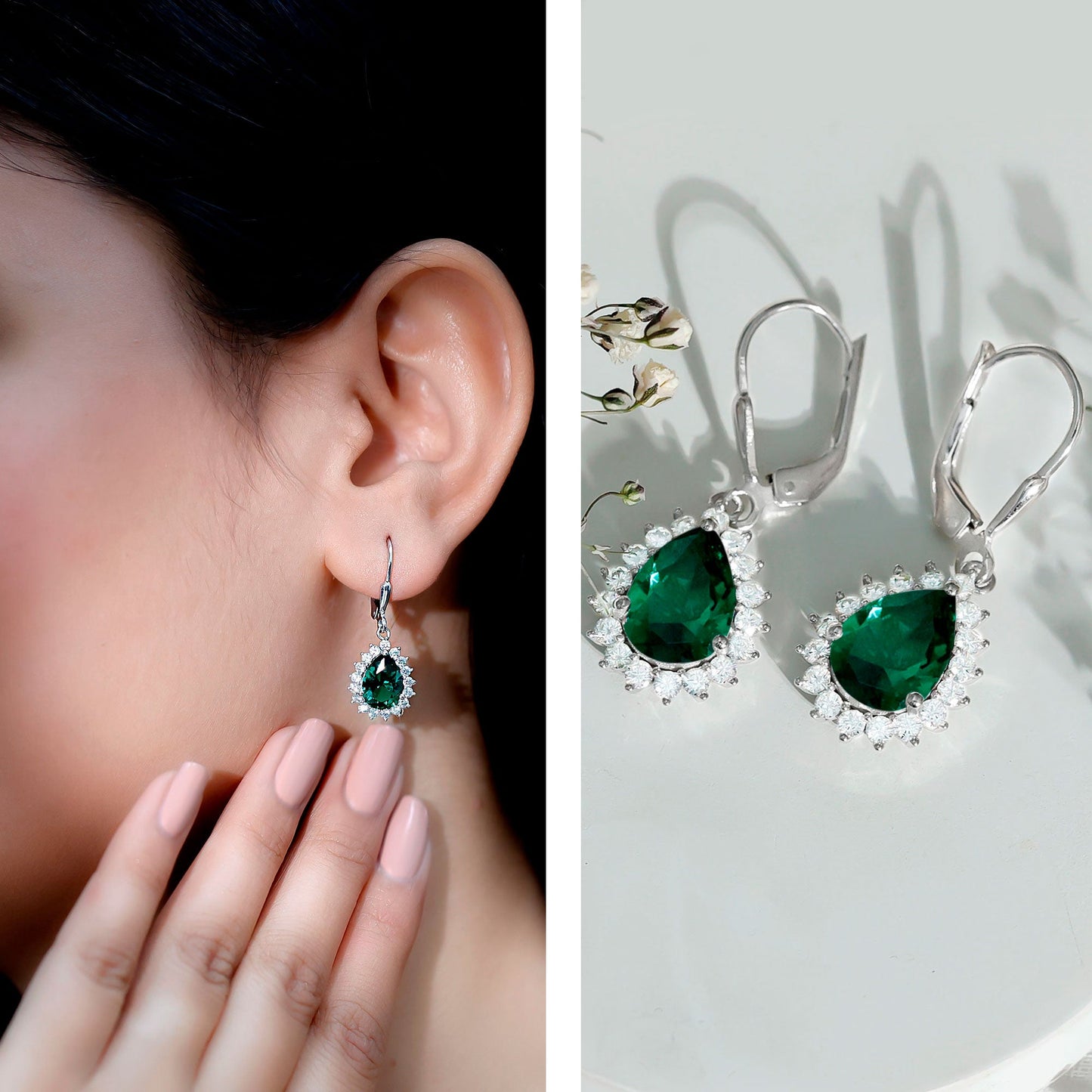Certified Lab Grown Emerald Hoop Drop Earring in Silver