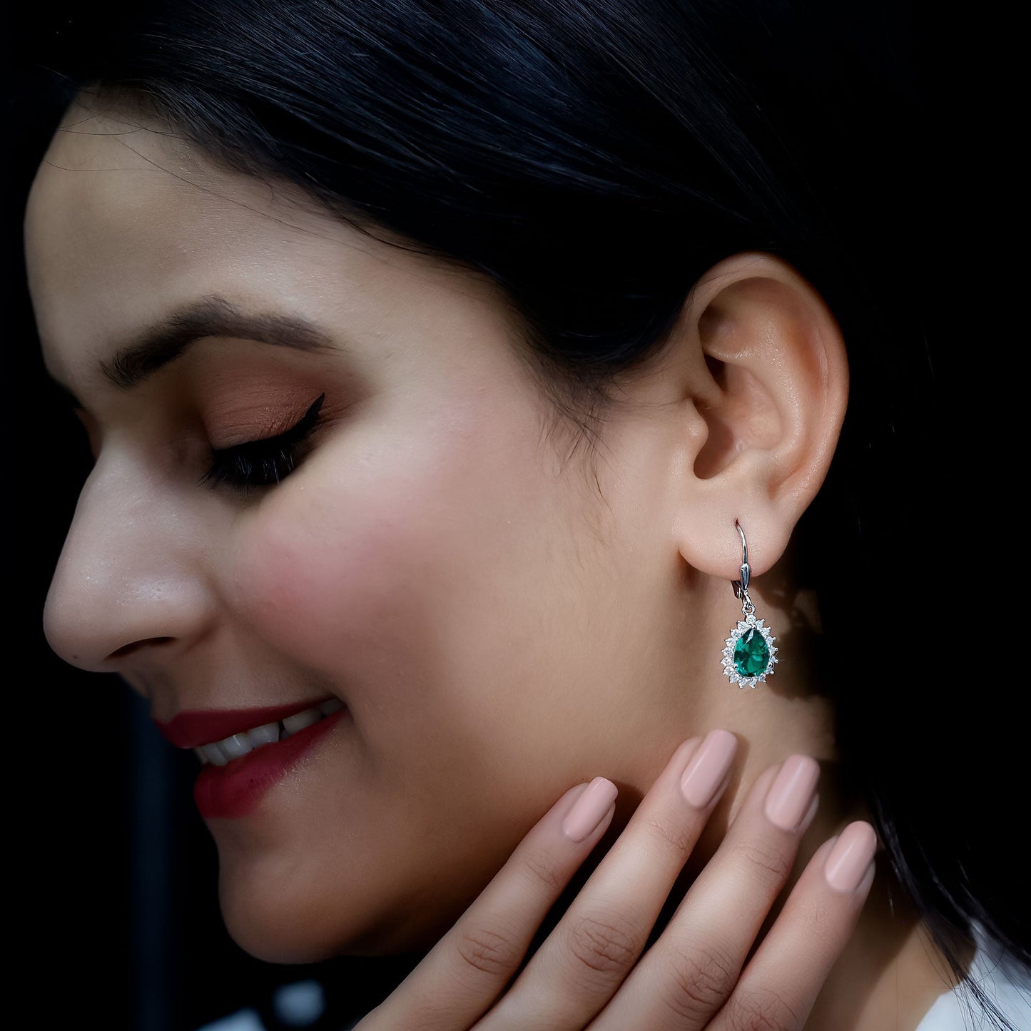 Certified Lab Grown Emerald Hoop Drop Earring in Silver