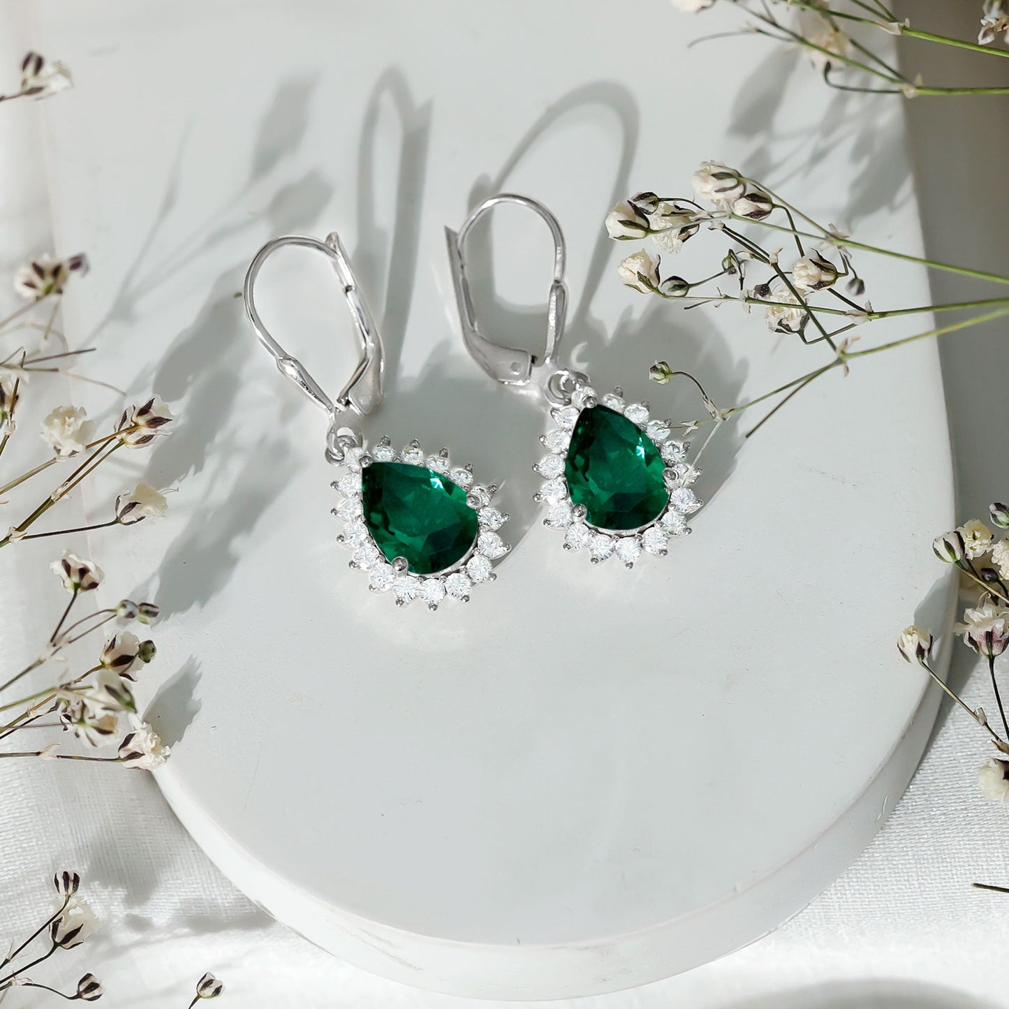 Certified Lab Grown Emerald Hoop Drop Earring in Silver