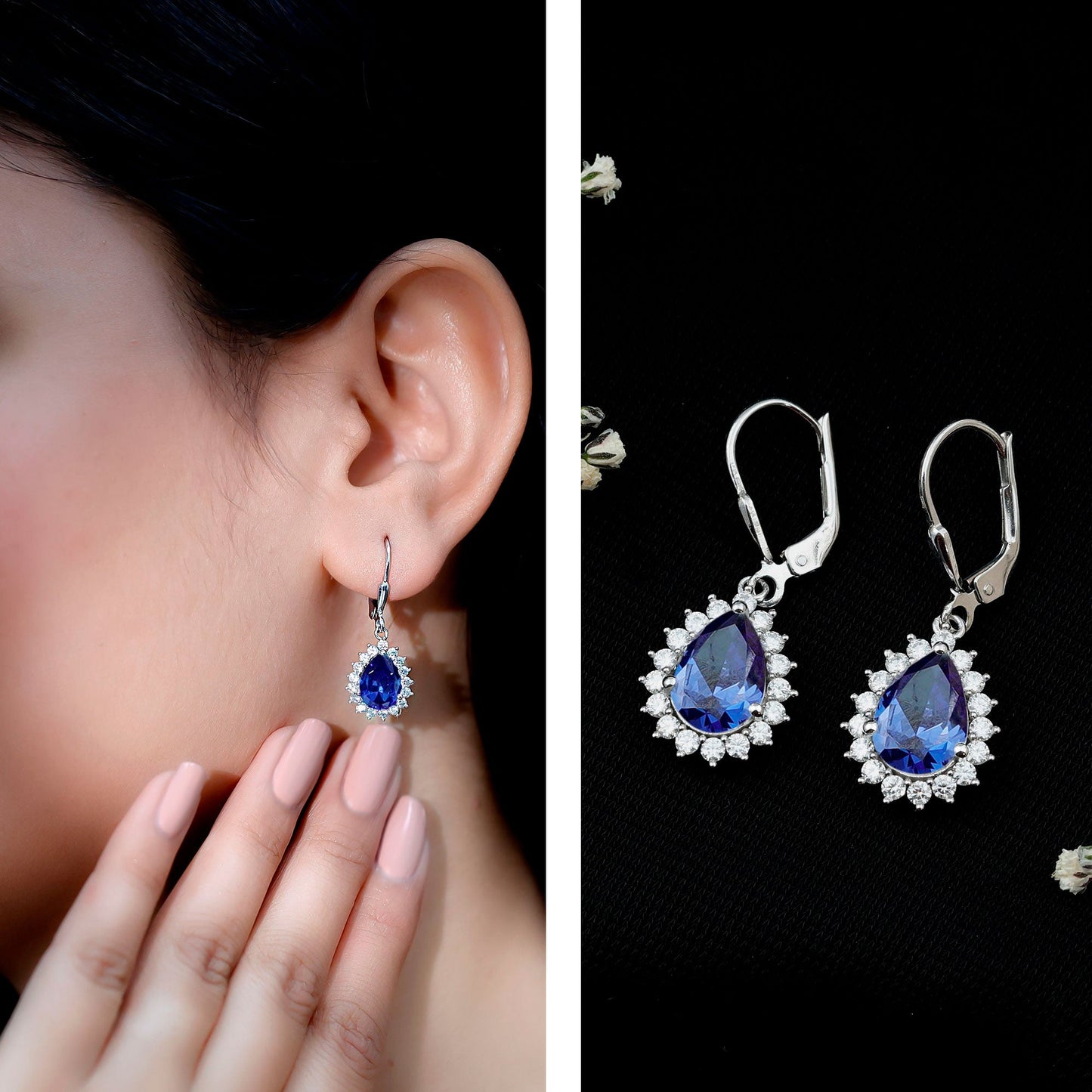 5 Carat Lab Grown Blue Sapphire Sterling Silver Drop Earrings