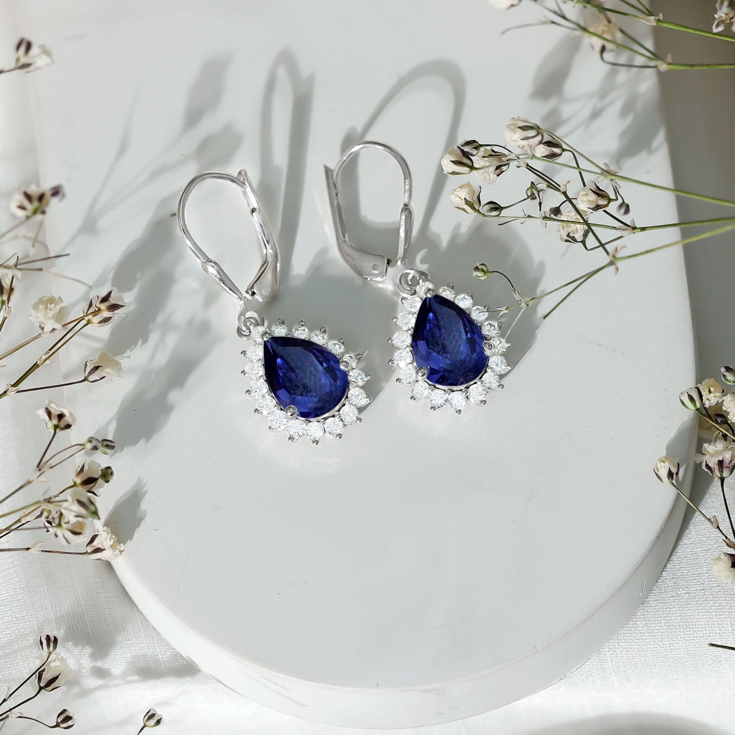 5 Carat Lab Grown Blue Sapphire Sterling Silver Drop Earrings