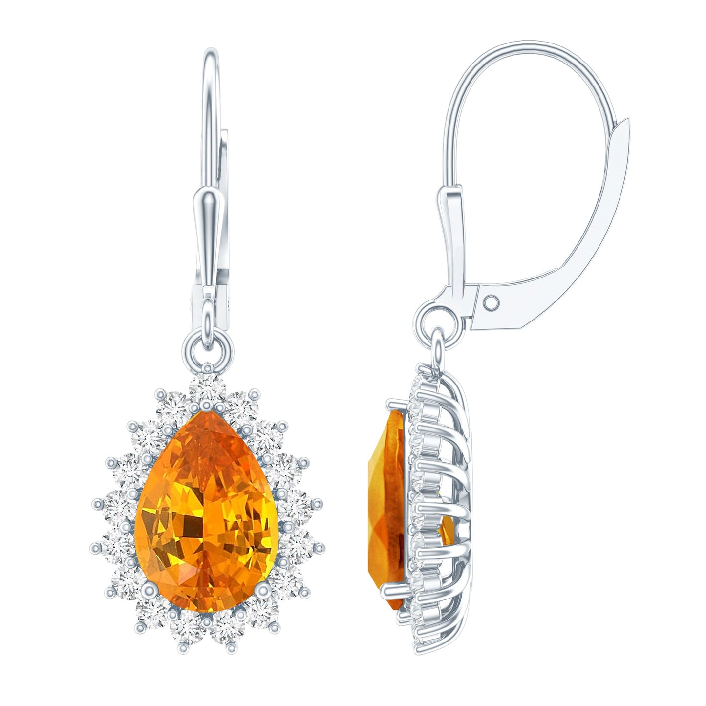 5 Carat Lab Grown Orange Sapphire Teardrop Earrings With Moissanite Halo Accents