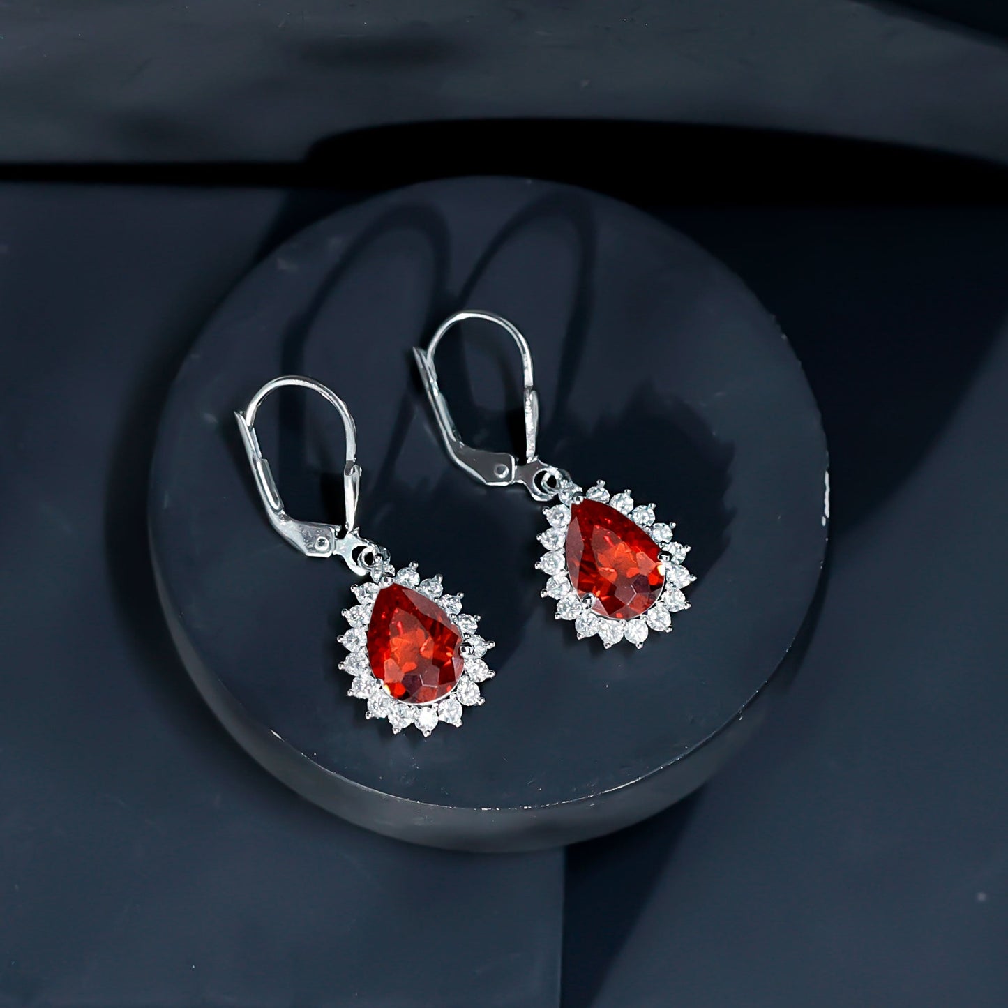 5 Carat Lab Grown Orange Sapphire Teardrop Earrings With Moissanite Halo Accents