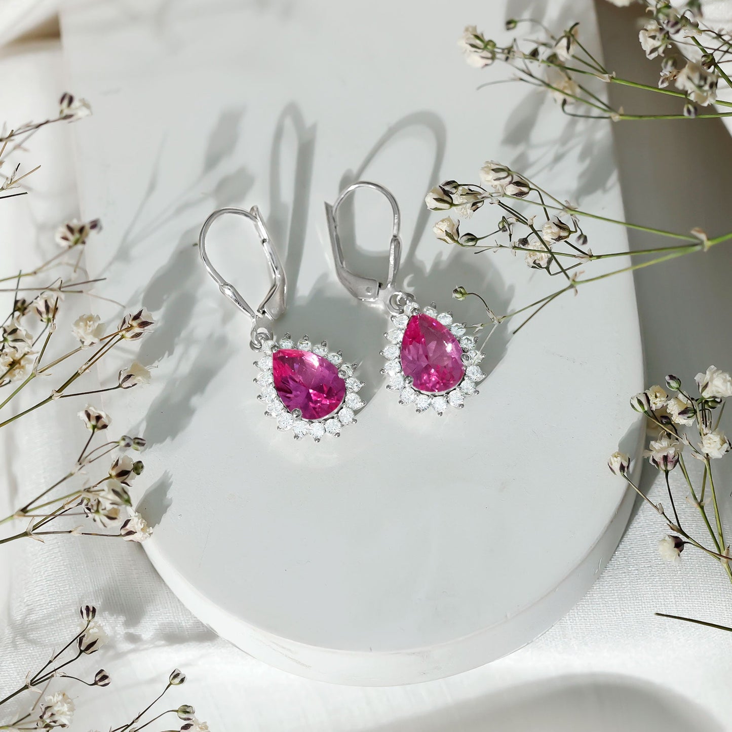 5 Carat Lab Grown Pink Sapphire Drop Earrings in Silver