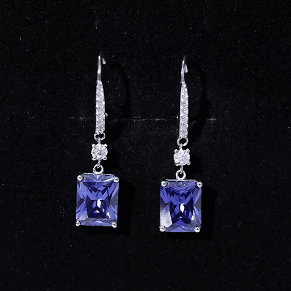 5.5 Carat Emerald Cut Lab Grown Blue Sapphire Drop Earrings in Silver