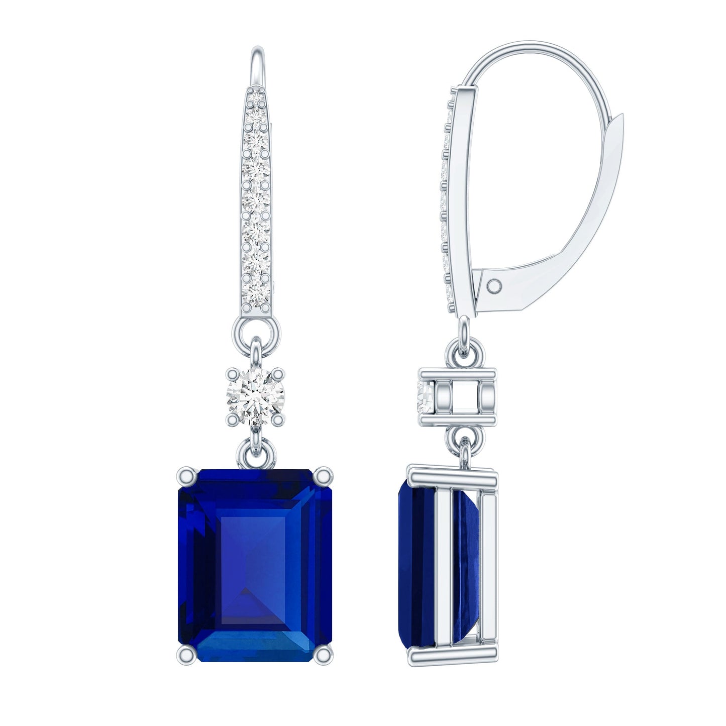 5.5 Carat Emerald Cut Lab Grown Blue Sapphire Drop Earrings in Silver