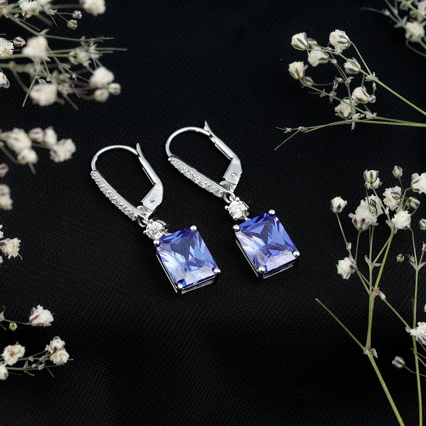 5.5 Carat Emerald Cut Lab Grown Blue Sapphire Drop Earrings in Silver