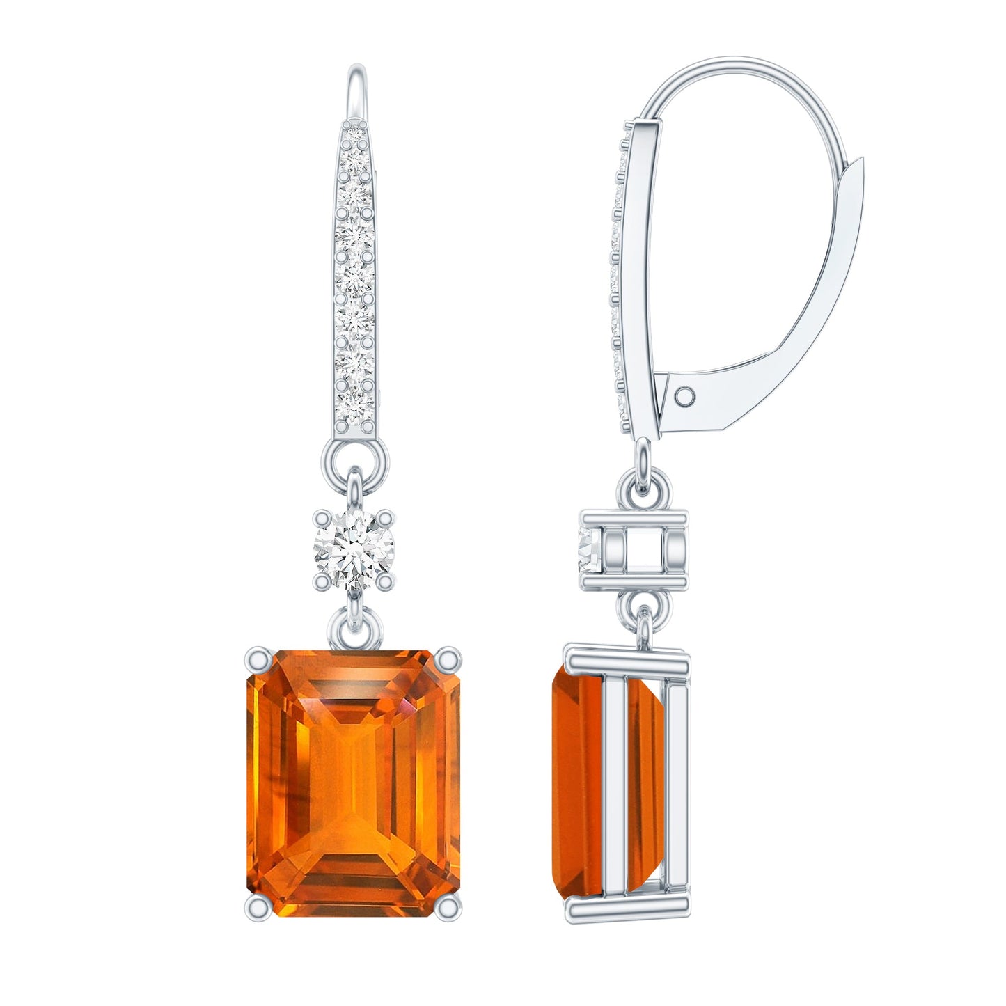 5.5 Carat Emerald Cut Lab Created Orange Sapphire Hoop Drop Earrings