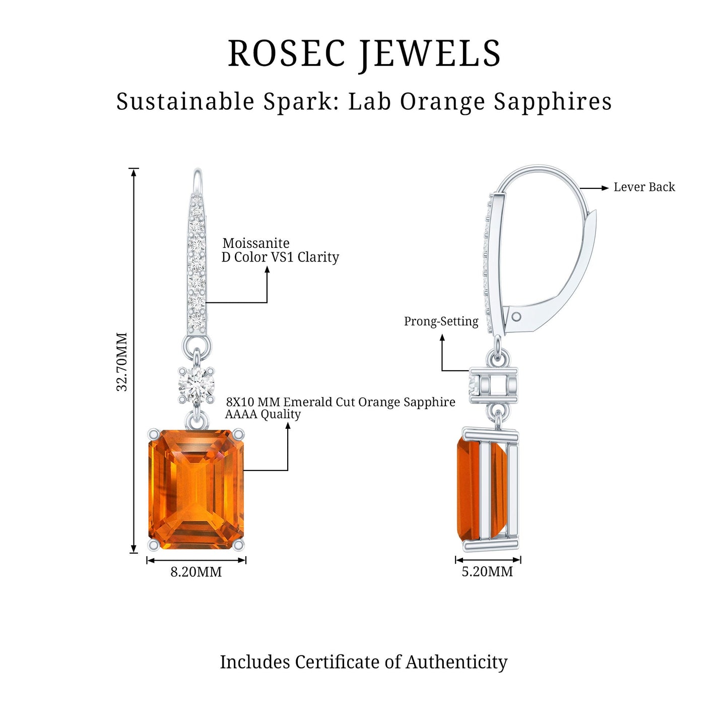 5.5 Carat Emerald Cut Lab Created Orange Sapphire Hoop Drop Earrings
