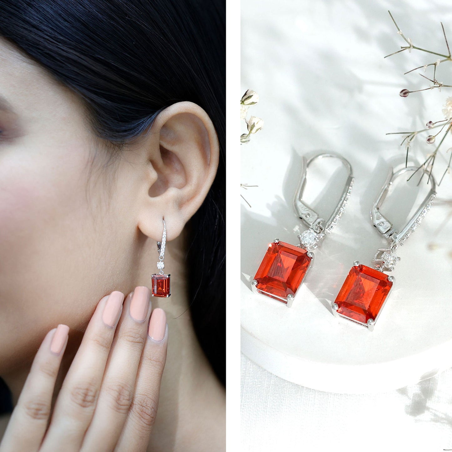5.5 Carat Emerald Cut Lab Created Orange Sapphire Hoop Drop Earrings