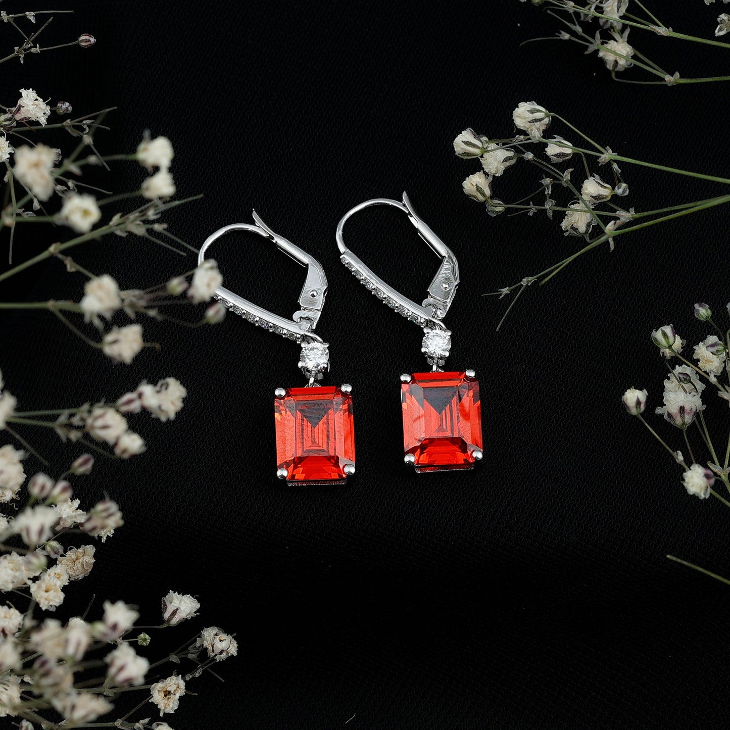 5.5 Carat Emerald Cut Lab Created Orange Sapphire Hoop Drop Earrings