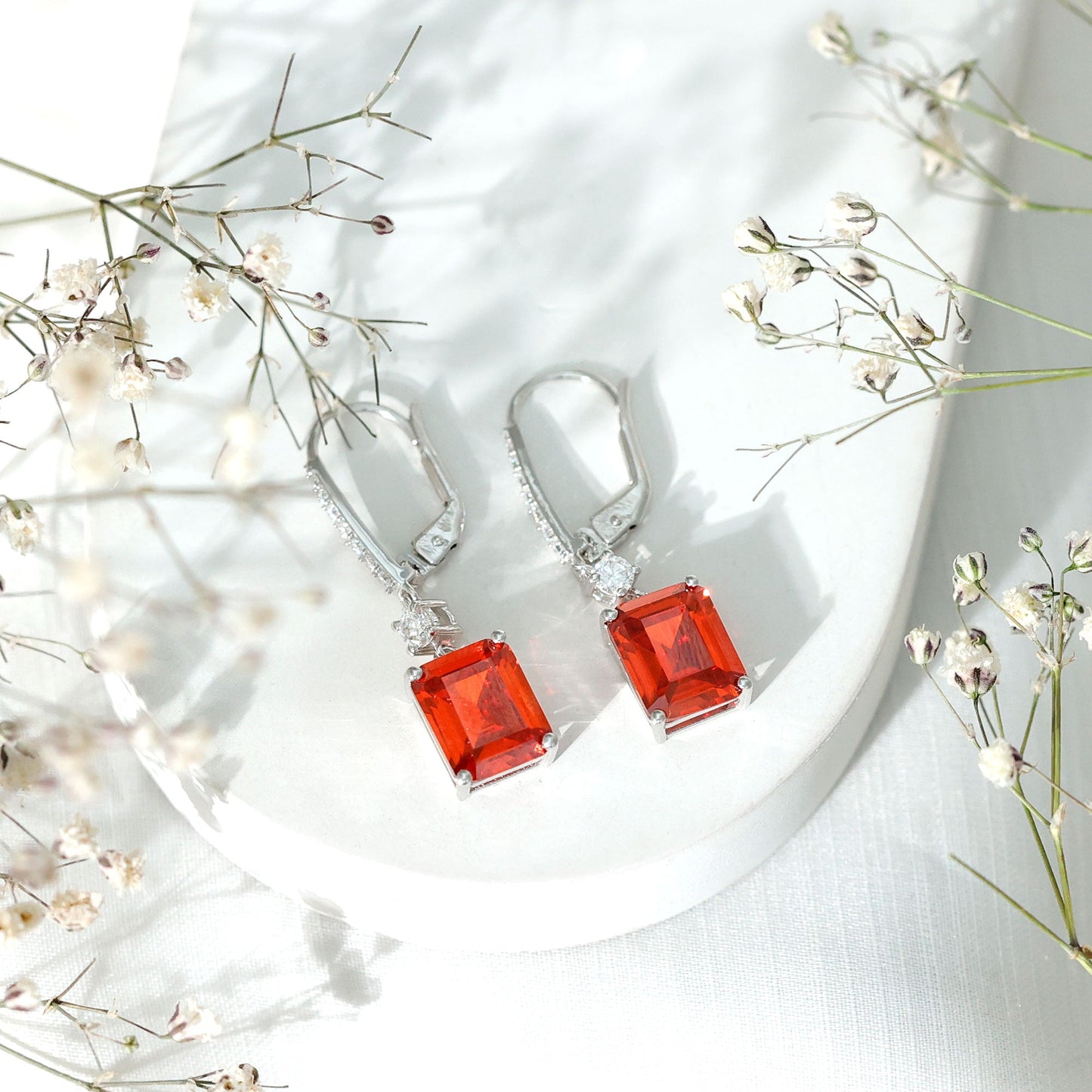 5.5 Carat Emerald Cut Lab Created Orange Sapphire Hoop Drop Earrings