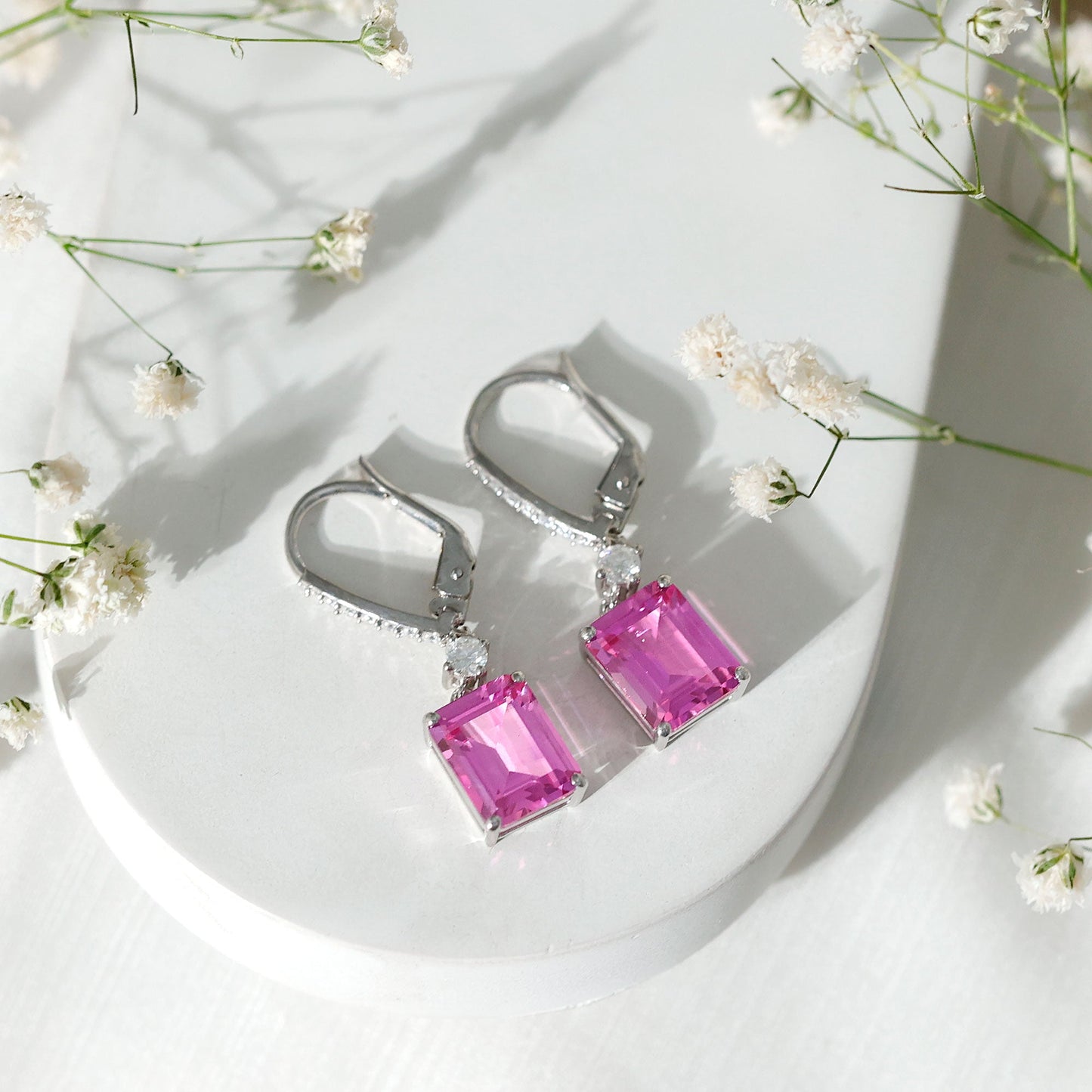 Certified 5.5 Carat Lab Grown Pink Sapphire Bridal Earrings in Silver