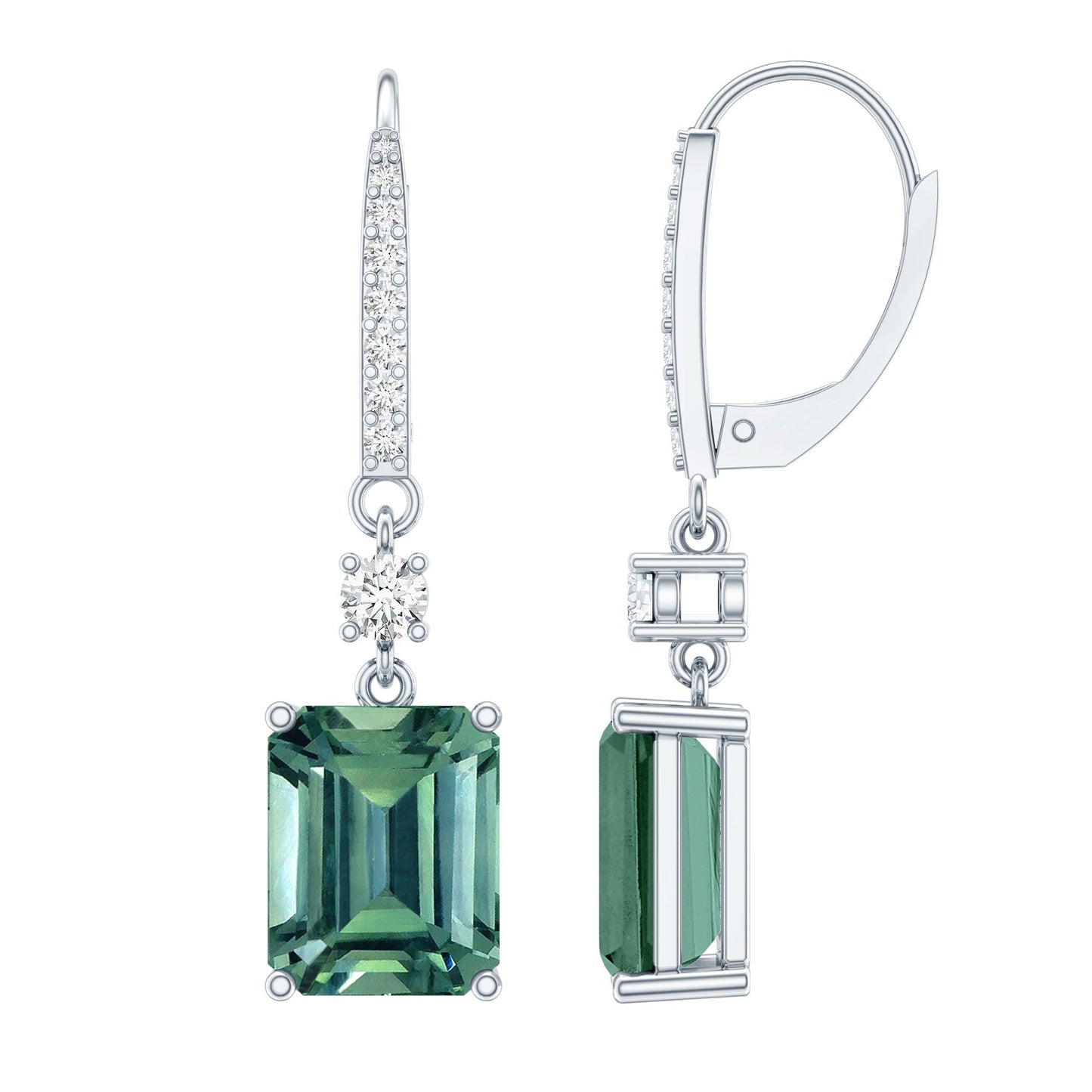 5.5 Carat Emerald Cut Lab Grown Green Sapphire Drop Earrings in Silver