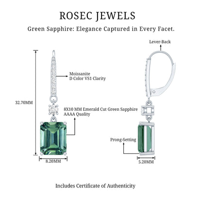 5.5 Carat Emerald Cut Lab Grown Green Sapphire Drop Earrings in Silver