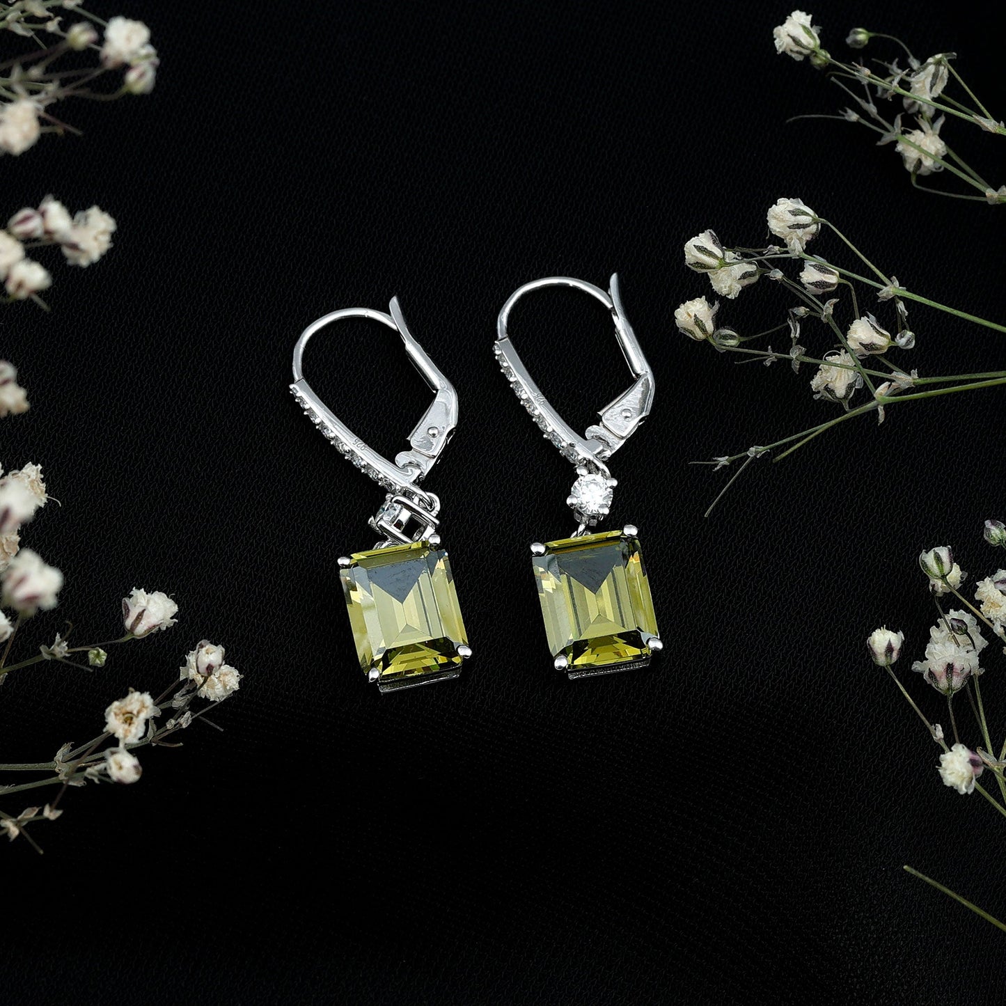 5.5 Carat Emerald Cut Lab Grown Green Sapphire Drop Earrings in Silver
