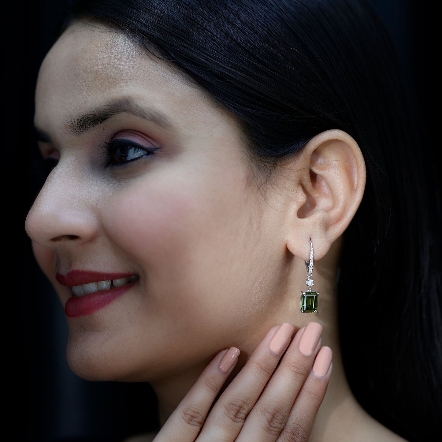 5.5 Carat Emerald Cut Lab Grown Green Sapphire Drop Earrings in Silver