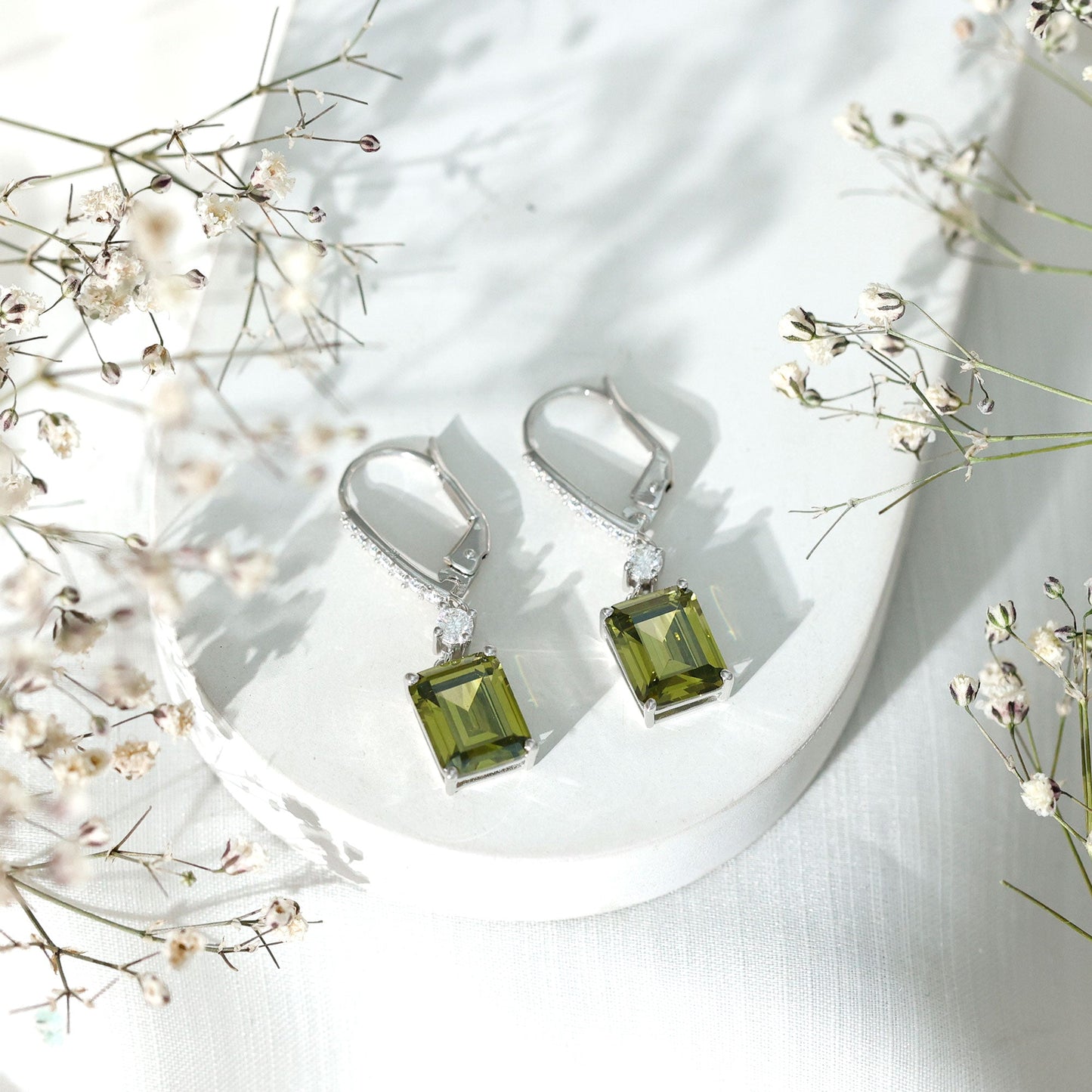 5.5 Carat Emerald Cut Lab Grown Green Sapphire Drop Earrings in Silver