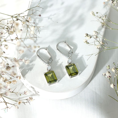 5.5 Carat Emerald Cut Lab Grown Green Sapphire Drop Earrings in Silver