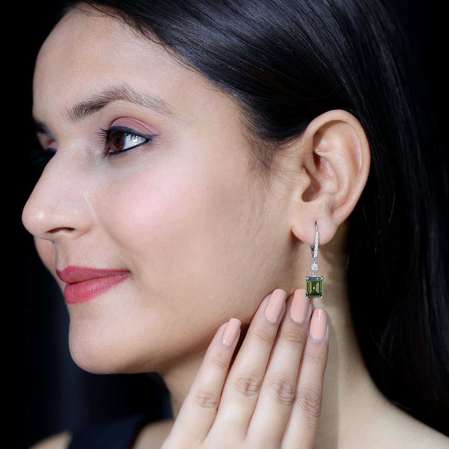 5.5 Carat Emerald Cut Lab Grown Green Sapphire Drop Earrings in Silver