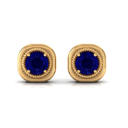 Blue Sapphire Solitaire Stud Earrings with Rope Frame Embellishment