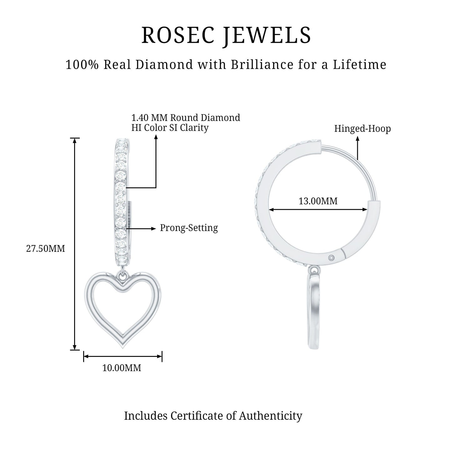Genuine Diamond Heart Drop Earrings Hoop
