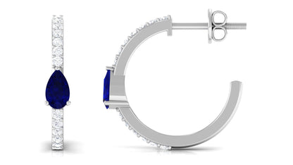 0.6 Carat Pear Cut Blue Sapphire and Diamond Hoop Earrings