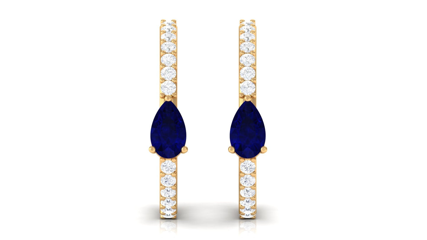 0.6 Carat Pear Cut Blue Sapphire and Diamond Hoop Earrings