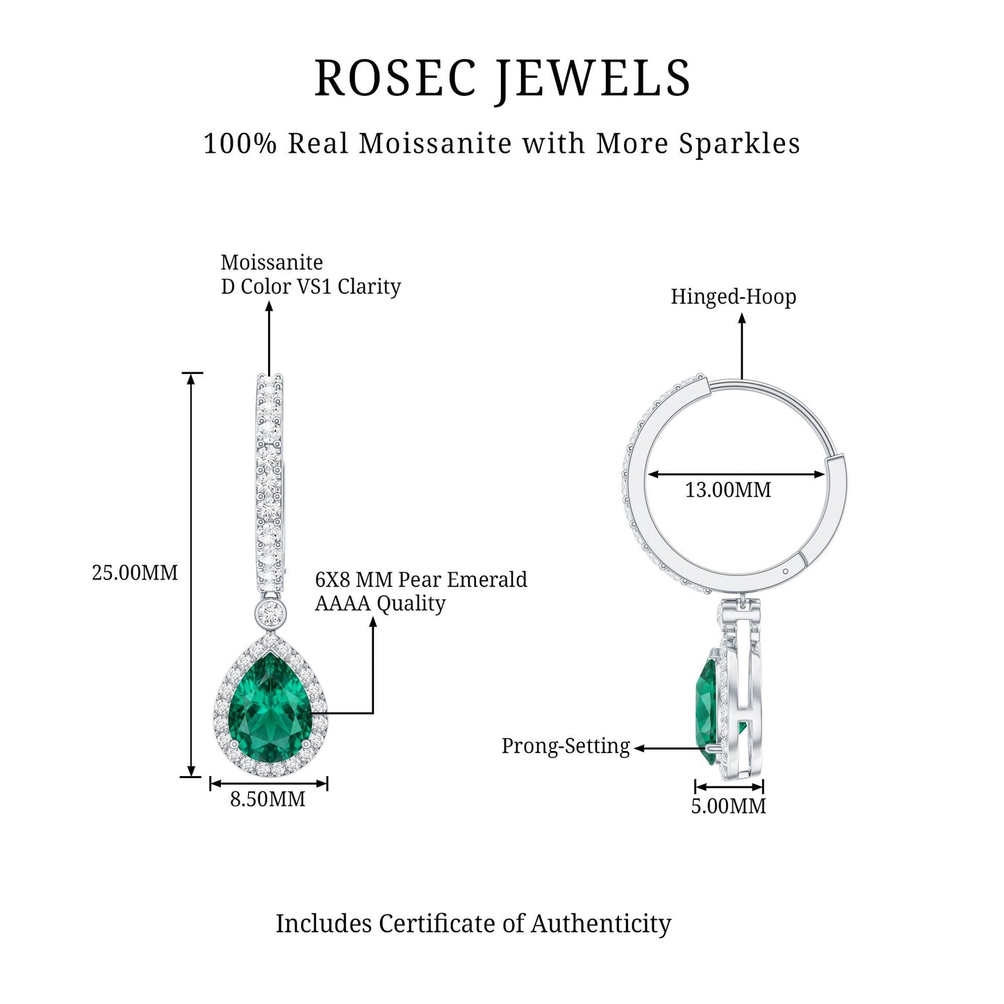 Lab Grown Emerald Hoop Drop Earrings With Moissanite Halo