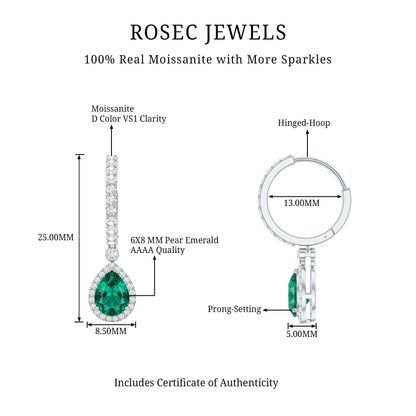 Lab Grown Emerald Hoop Drop Earrings With Moissanite Halo