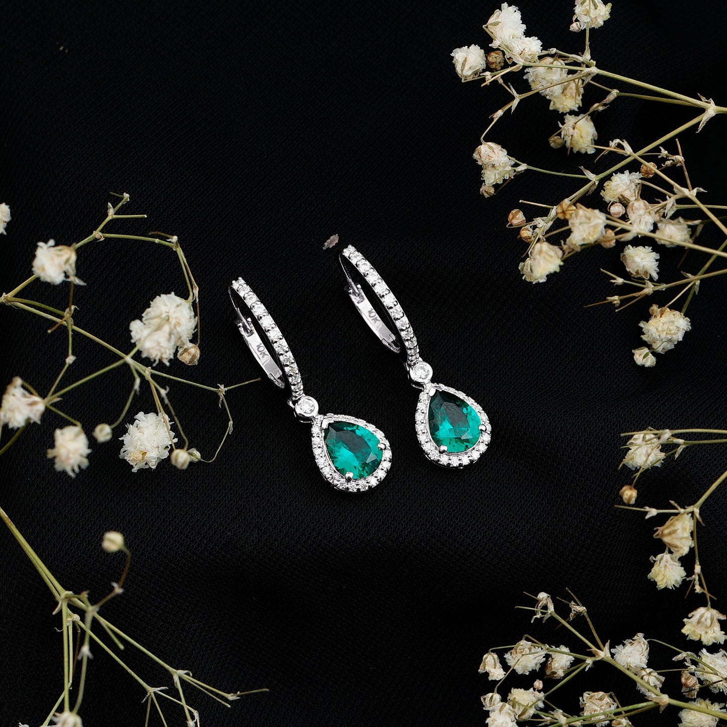 Lab Grown Emerald Hoop Drop Earrings With Moissanite Halo