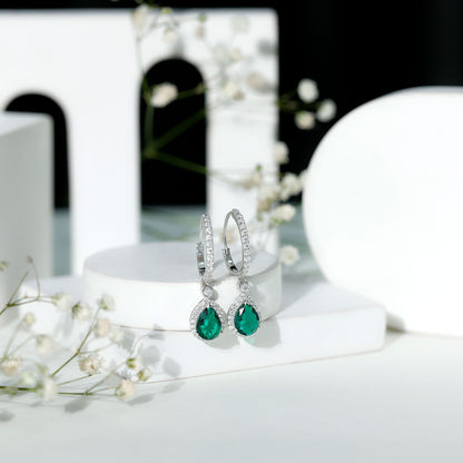 Lab Grown Emerald Hoop Drop Earrings With Moissanite Halo