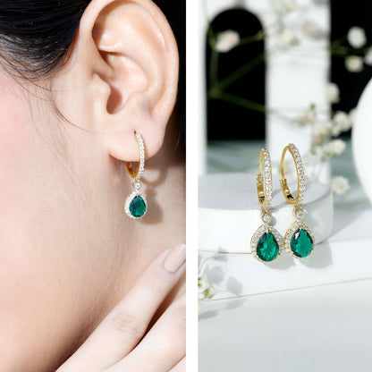 Lab Grown Emerald Hoop Drop Earrings With Moissanite Halo
