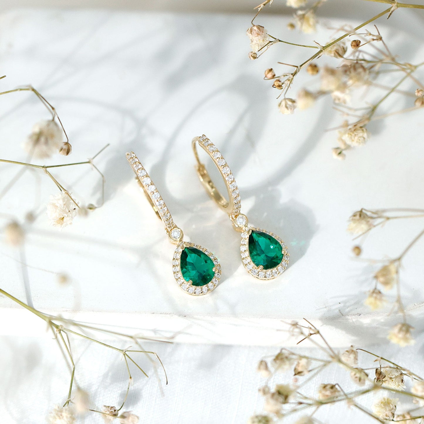 Lab Grown Emerald Hoop Drop Earrings With Moissanite Halo