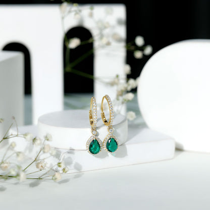 Lab Grown Emerald Hoop Drop Earrings With Moissanite Halo