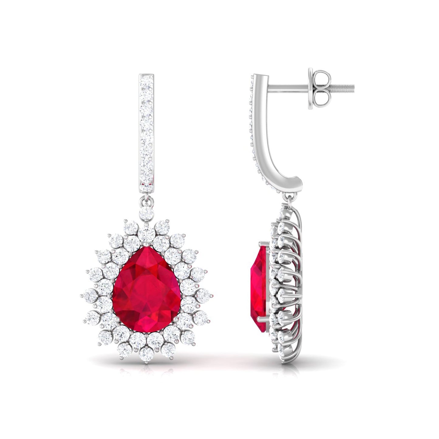 Pear Cut Lab Created Ruby Hoop Drop Earring with Moissanite Halo