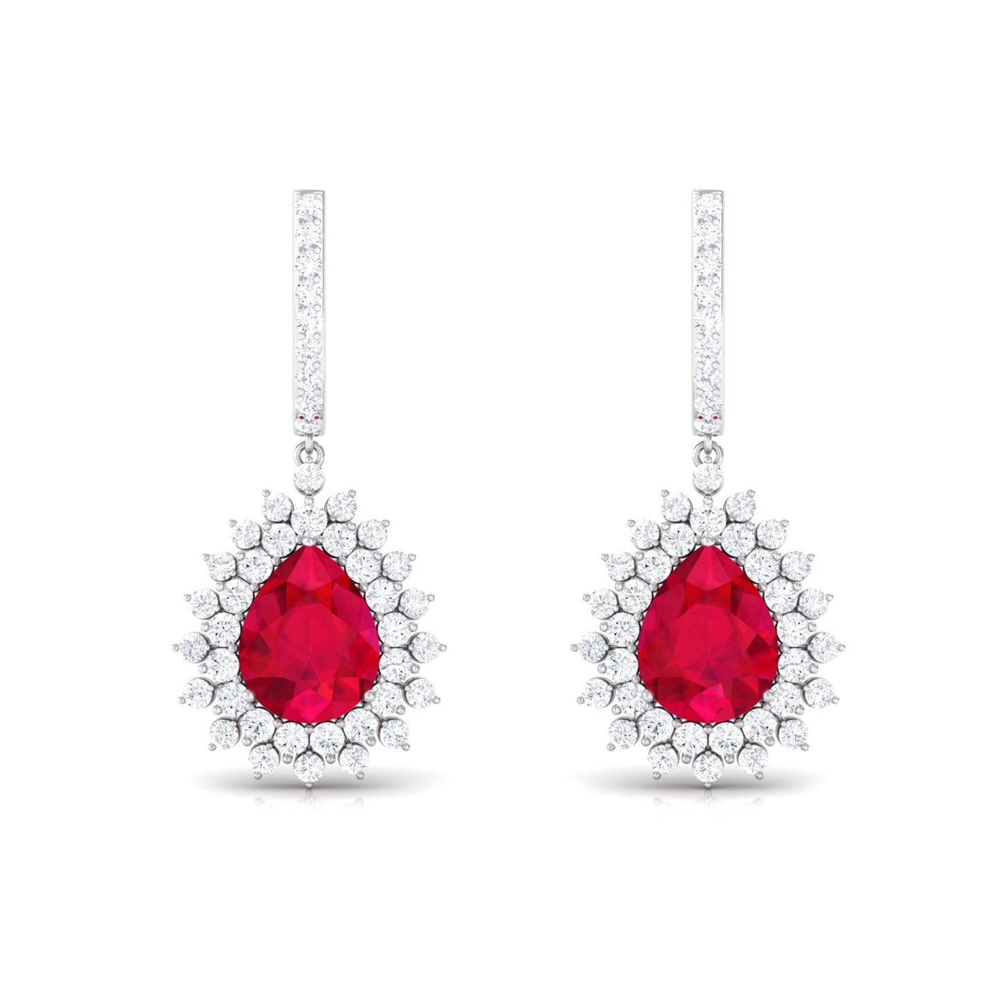 Pear Cut Lab Created Ruby Hoop Drop Earring with Moissanite Halo