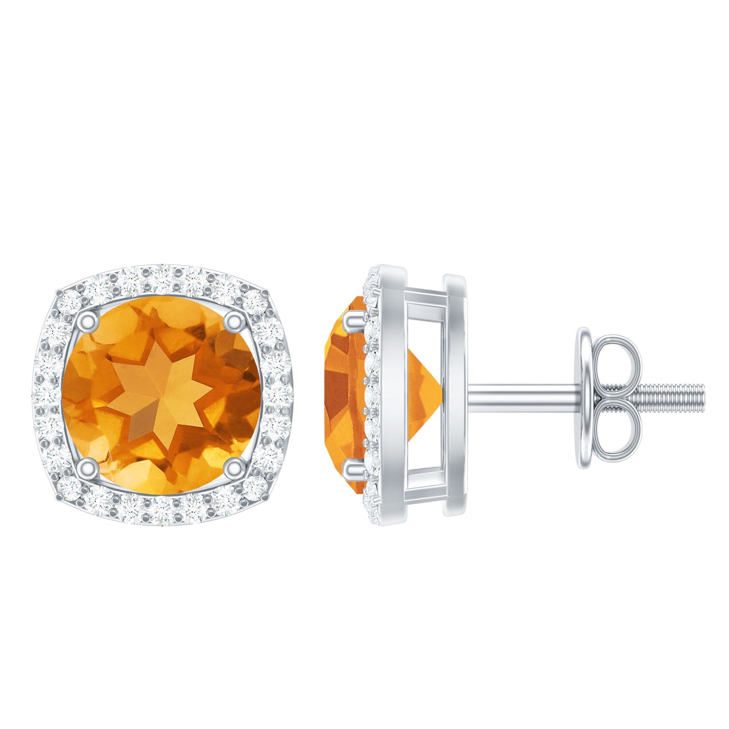 Genuine 2.4 Carat Round Citrine Stud Earrings with Diamond Halo