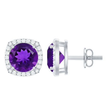 Natural Amethyst Stud Earrings with Diamond Halo