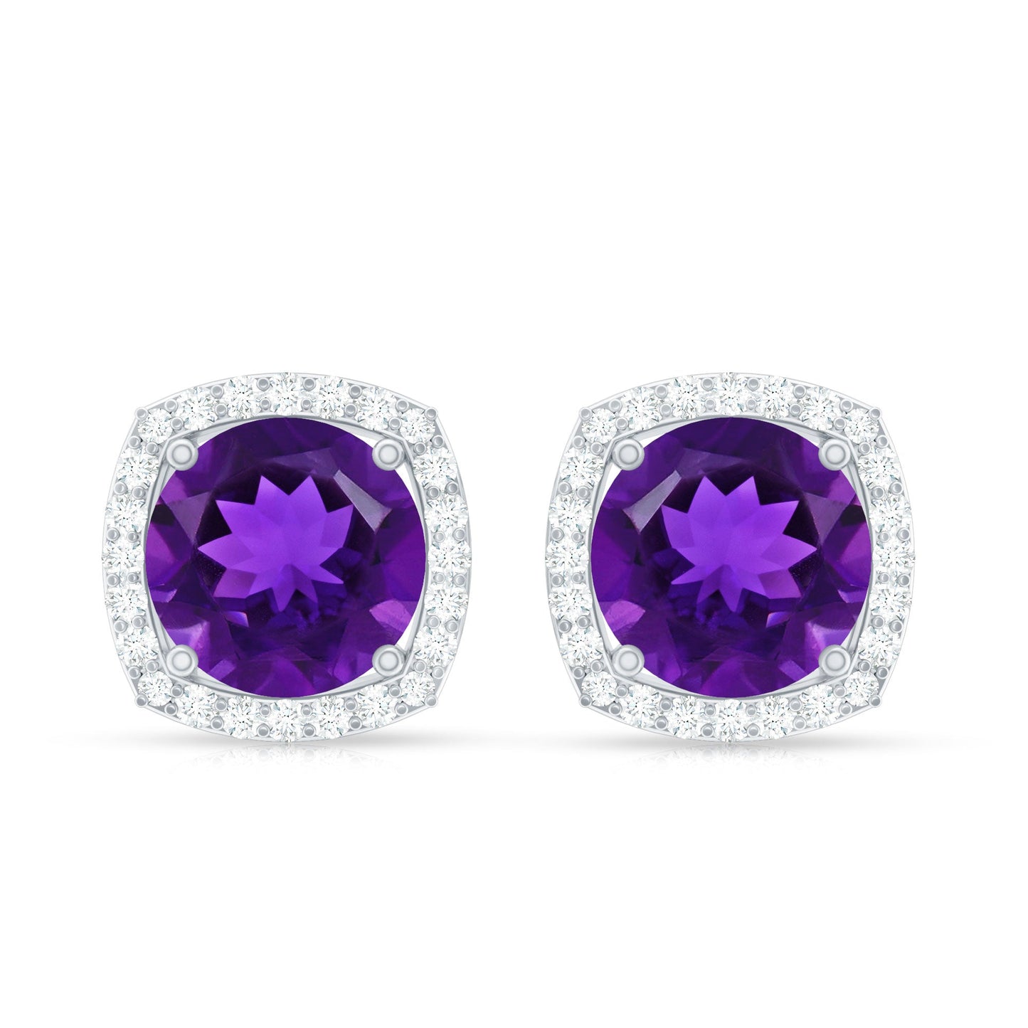 Natural Amethyst Stud Earrings with Diamond Halo