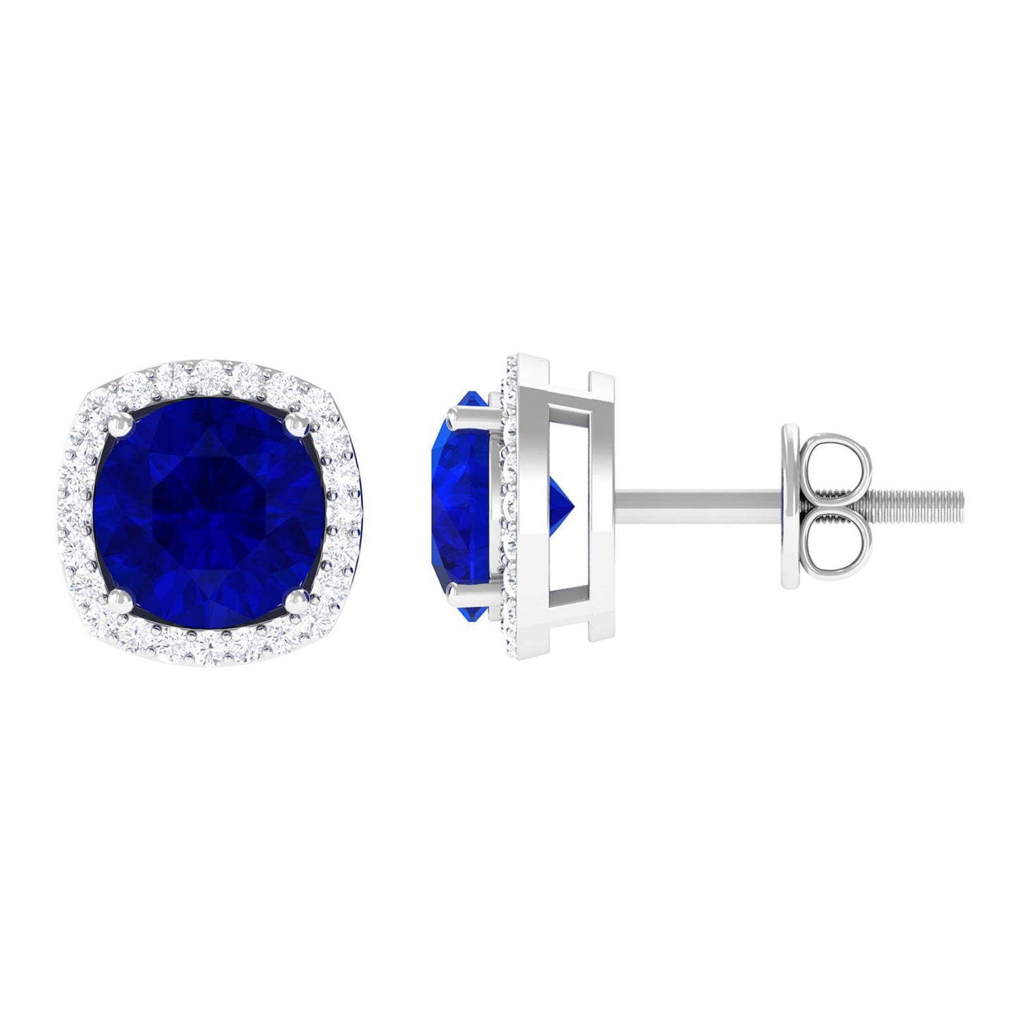 Round Lab Created Blue Sapphire Stud Earrings with Diamond Halo