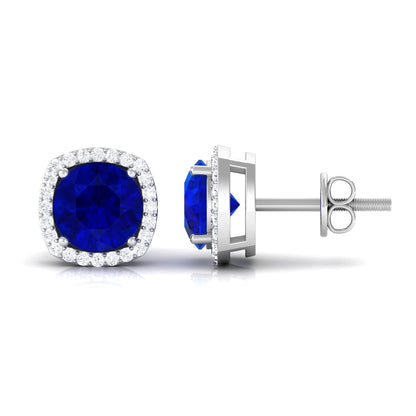 Round Lab Created Blue Sapphire Stud Earrings with Diamond Halo