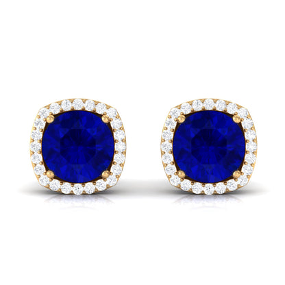 Round Lab Created Blue Sapphire Stud Earrings with Diamond Halo