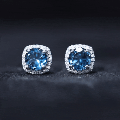 London Blue Topaz and Diamond Halo Stud Earrings