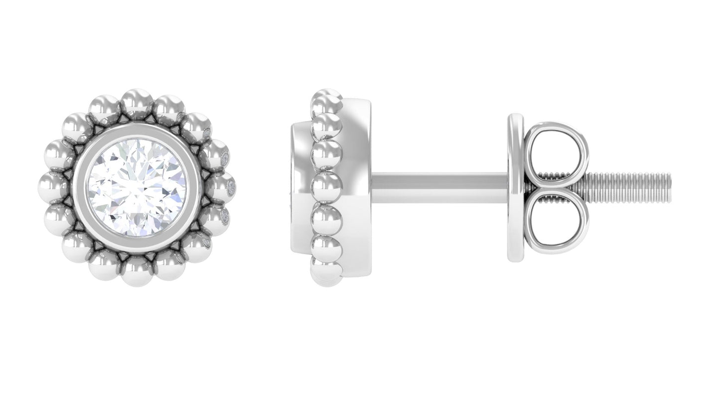Real Diamond Solitaire Stud Earrings with Beaded Detail
