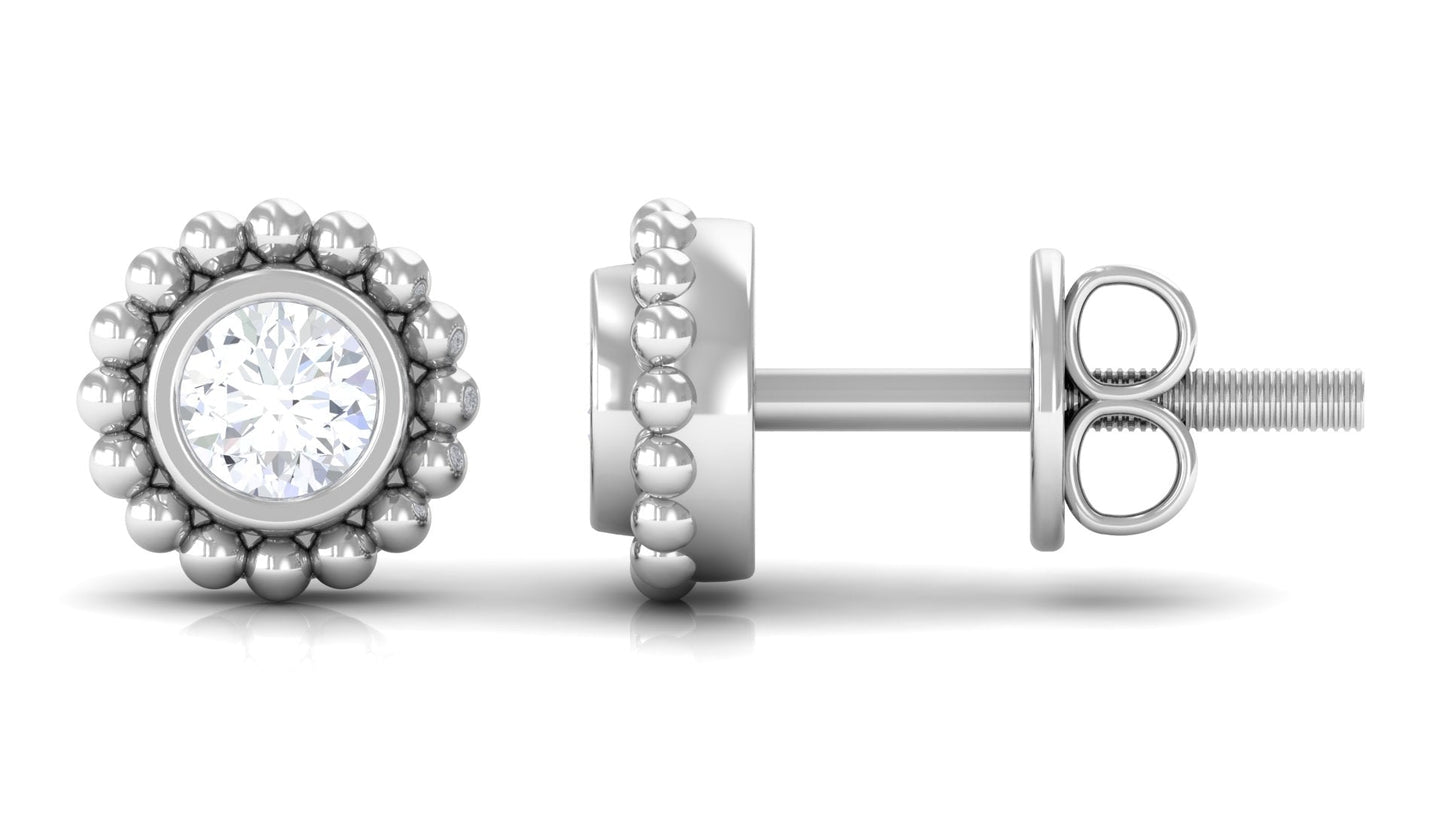 Real Diamond Solitaire Stud Earrings with Beaded Detail