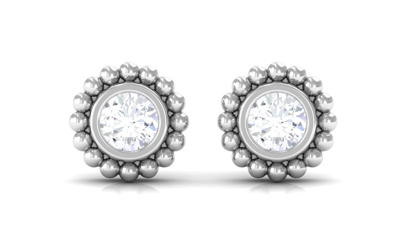 Real Diamond Solitaire Stud Earrings with Beaded Detail